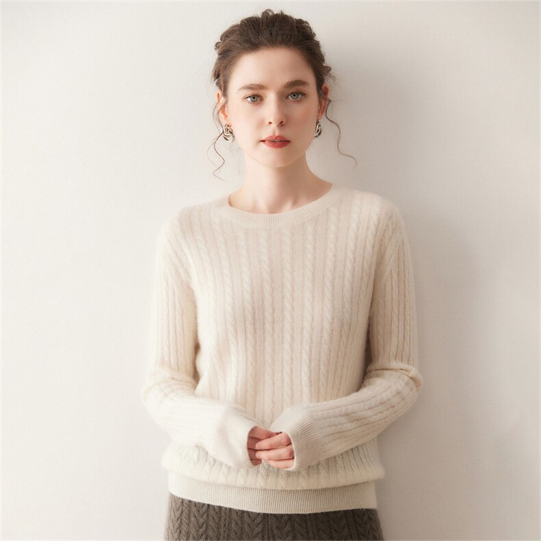2025年秋季常规款长袖落肩袖套头圆领扭花小麻花，女装针织衫/毛衣，溪贝羊绒