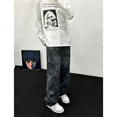 抖音品质美式高街oversize设计感蛇纹迷彩水洗弯刀裤，男装牛仔裤，星座310A-4