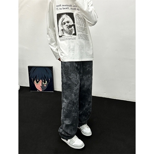 抖音品质美式高街oversize设计感蛇纹迷彩水洗弯刀裤图片