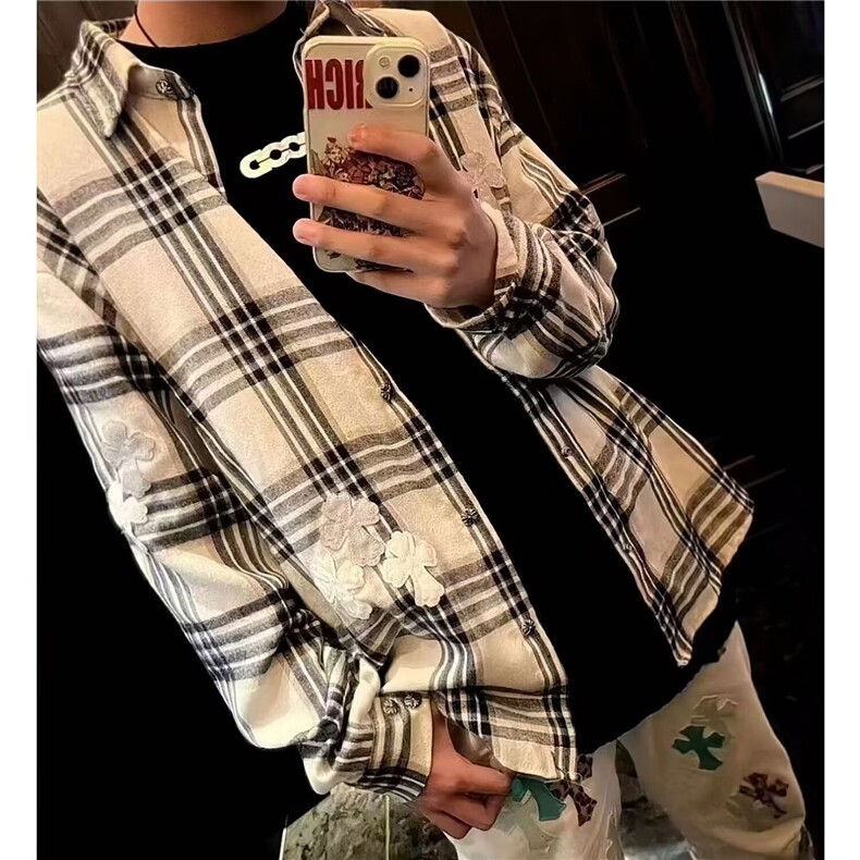 1506/QC080/P58春季新品日系复古男士休闲宽松格纹长袖衬衫衬衣潮,男装衬衫,星座1506