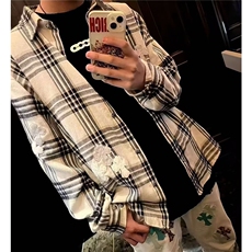 1506/QC080/P58春季新品日系复古男士休闲宽松格纹长袖衬衫衬衣潮，男装衬衫，星座1506