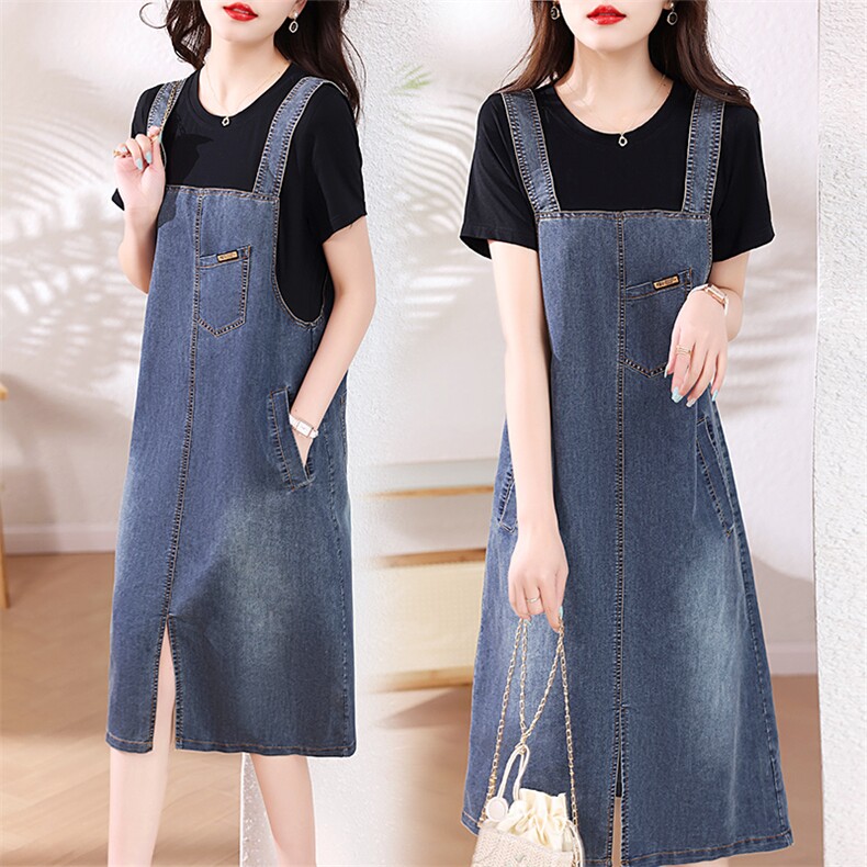 C8032夏季2024背带裙短袖T恤牛仔裙女连衣裙漂亮女裙，女装连衣裙，蓝诺裳