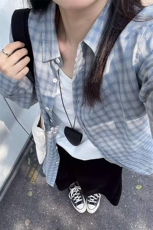 美式复古蓝格子衬衫宽松慵懒长袖衬衣开衫外套薄款C2253-特价42，男装衬衫，电商A007