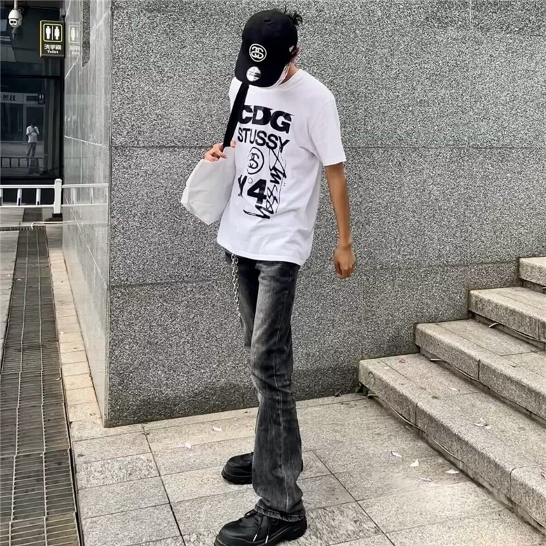 黑灰色水洗做旧渐变牛仔裤男款美式高街潮流街头宽松直筒修身长裤,男装牛仔裤,星座506A