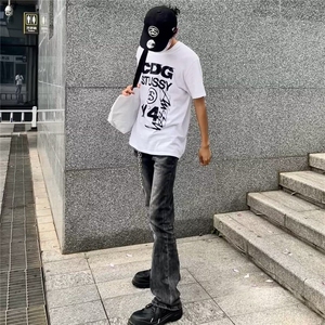 黑灰色水洗做旧渐变牛仔裤男款美式高街潮流街头宽松直筒修身长裤图片