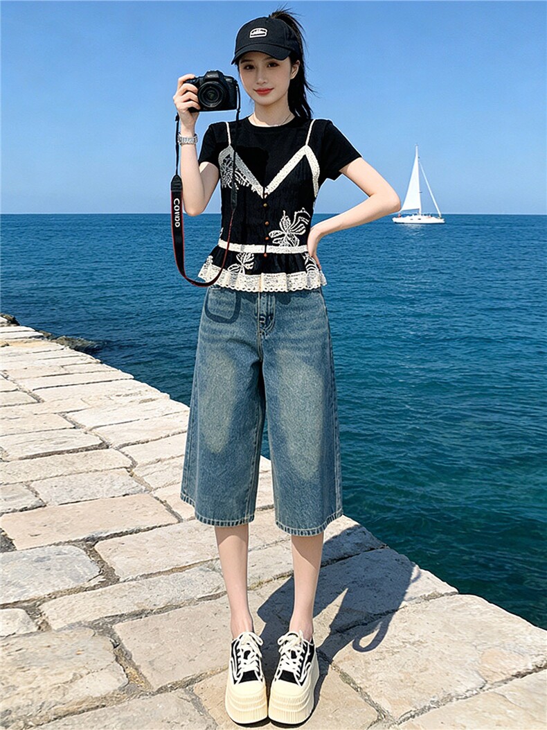 高级感时尚休闲套装夏圆领刺绣蕾丝拼接假两件上衣牛仔中裤两件套,女装套装/套裙,江南