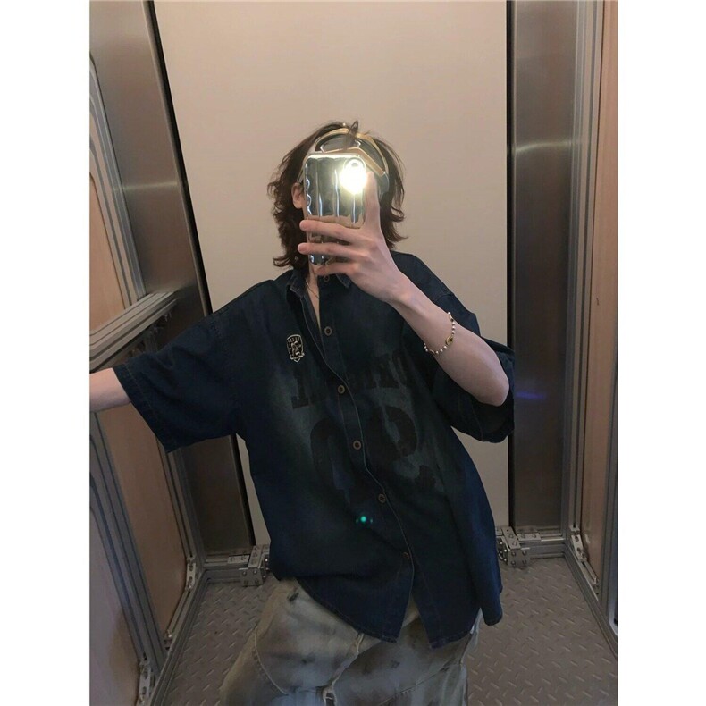 美式复古做旧牛仔短袖衬衫男女夏季宽松休闲百搭衬衣LC30255-P58,男装T恤,星座1008