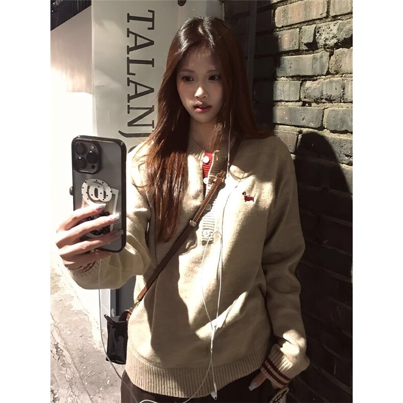 卡其翻领条纹毛衣女2025秋冬休闲气质宽松长袖内搭上衣,男装针织衫/毛衣,星座506A