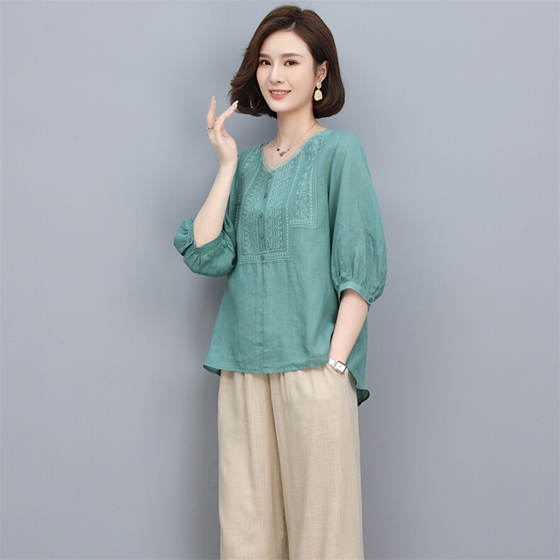 2023夏季纯苎麻刺绣简约气质方领宽松时尚休闲显瘦舒适上衣,女装衬衫,独衣靓