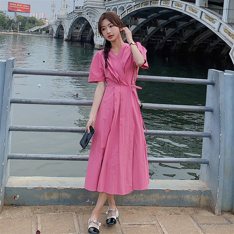 法式粉色连衣裙女2025夏季新款气质女神范收腰显瘦温柔风茶歇长裙,女装连衣裙,2C092