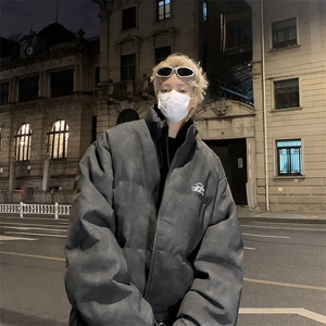 美式做旧复古麂皮绒刺绣棉衣潮牌立领面包服外套图片