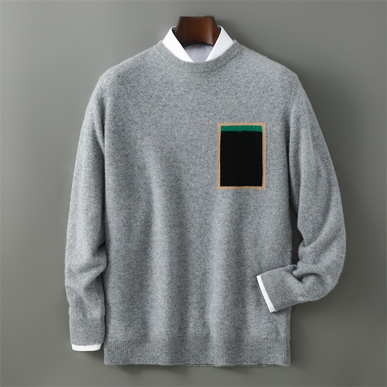 2025年秋季长袖常规时尚都市套头假口袋，男装羊毛衫，千国羊绒