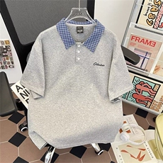 2025新款撞色格子领polo衫翻领短袖t恤宽松上衣白色现货T1862-P38，男装Polo衫，星座512-3