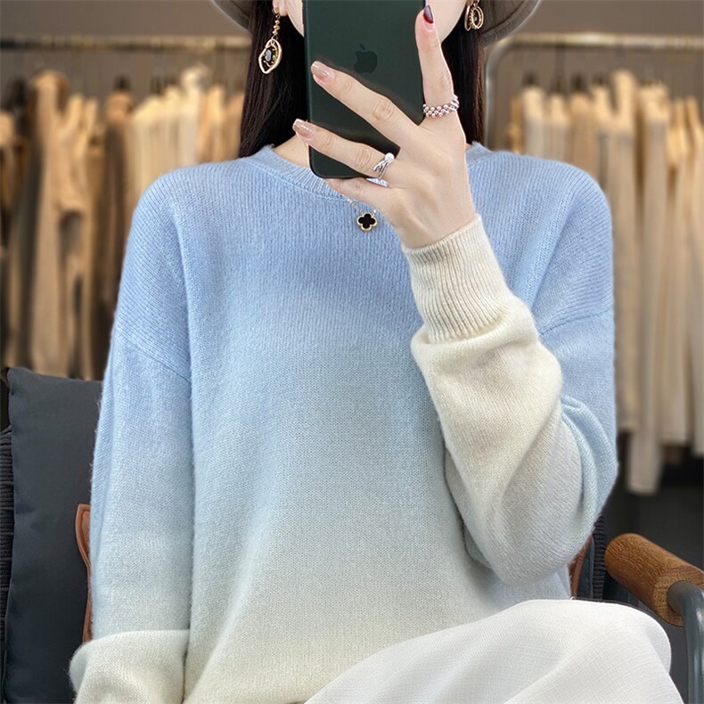 秋冬新款100%纯羊毛衫女圆领渐变色羊绒衫套头针织衫慵懒宽松毛衣,女装羊毛衫,片语羊绒