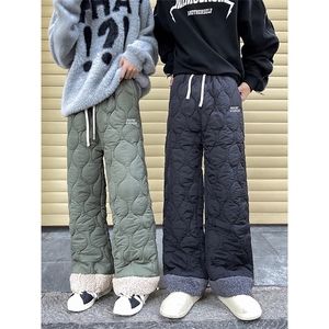 冬季加棉防水拼接羊羔绒棉裤男女款纯色菱格刺绣夹棉保暖裤子BK54图片