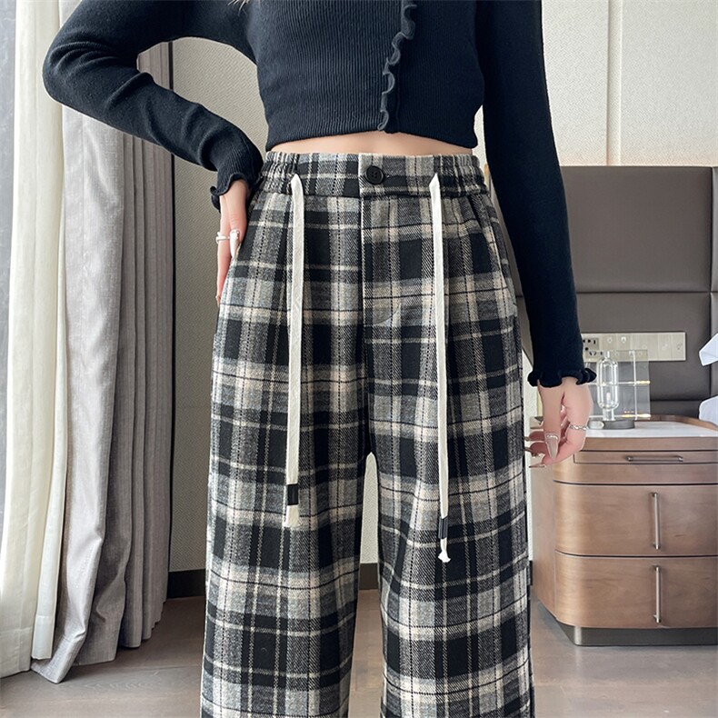 格纹直筒垂感休闲裤女秋季新款胖mm大码显瘦梨形宽松阔腿裤,女装休闲裤,云美莎专业女裤-全店现货