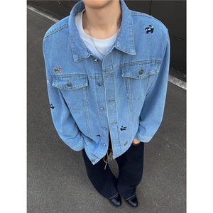 得物品质秋款男女牛仔夹克衫小狗刺绣宽松外套JAk90P70