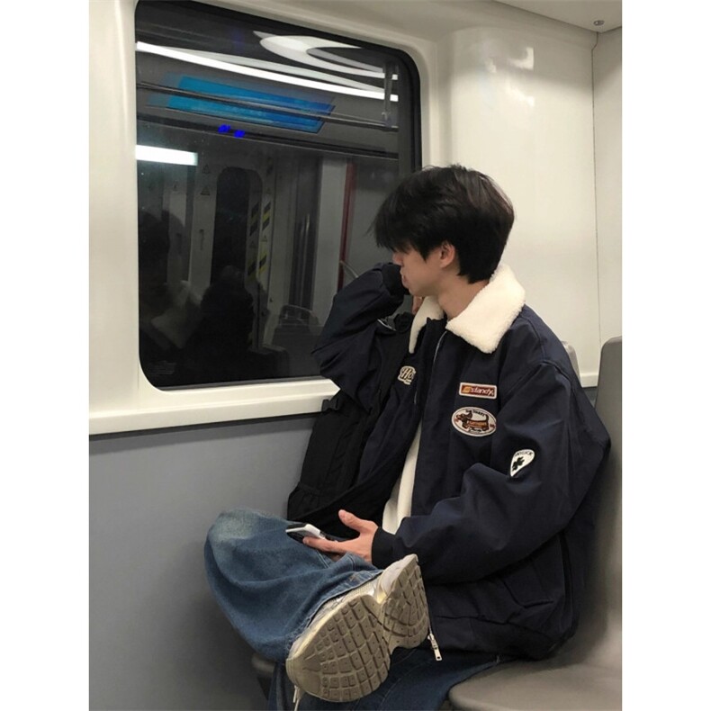 网络图现货美式潮牌羊羔绒翻领加绒加厚慵懒情侣棒球服JM801-P65，女装职业装，星座715-7