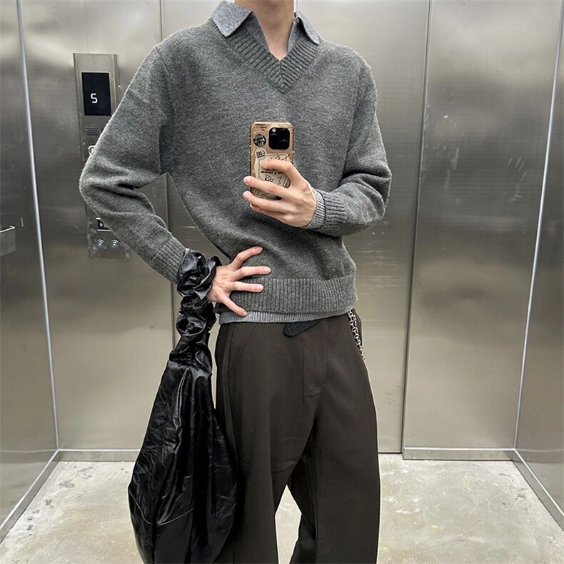 重磅北极绒假两件衬衫领毛衣美式高街复古休闲慵懒纯色翻领针织衫，男装针织衫/毛衣，电商A486