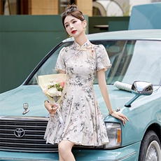 复古印花小个子旗袍连衣裙女2024夏季新款立领盘扣修身泡泡袖裙子，女装连衣裙，依如秀(原杭风阁)