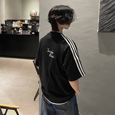 抖音得物高品质二开240克宽松纯棉美式潮牌三条杠织带短袖T恤，男装T恤，电商A486-1