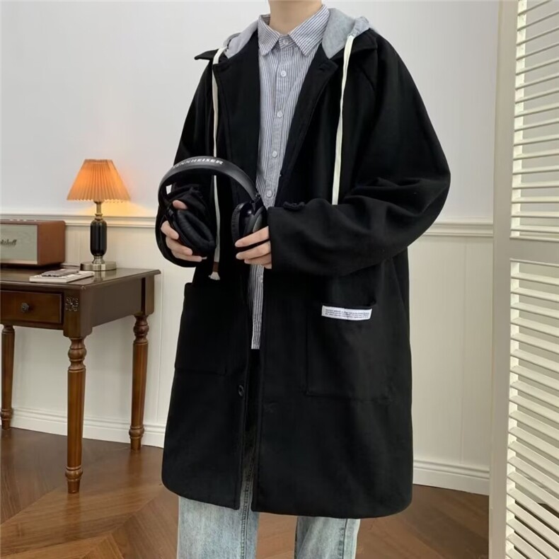 中长款毛呢大衣男士秋季过膝加厚连帽风衣高级感雅痞外套潮A23/75,男装风衣,星座506