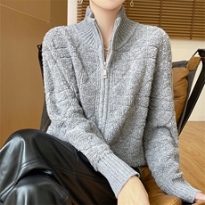 秋冬新款菱格毛巾绣开衫时尚百搭慵懒风，女装针织衫/毛衣，优麦羊绒（原洪叶羊绒）