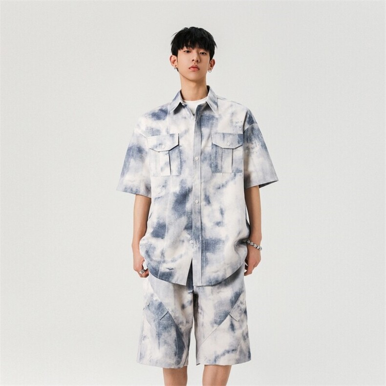 水墨画工装短袖套装男夏季宽松百搭半袖五分裤A406TZ5066特P68,男装休闲套装,星座309（原A406）