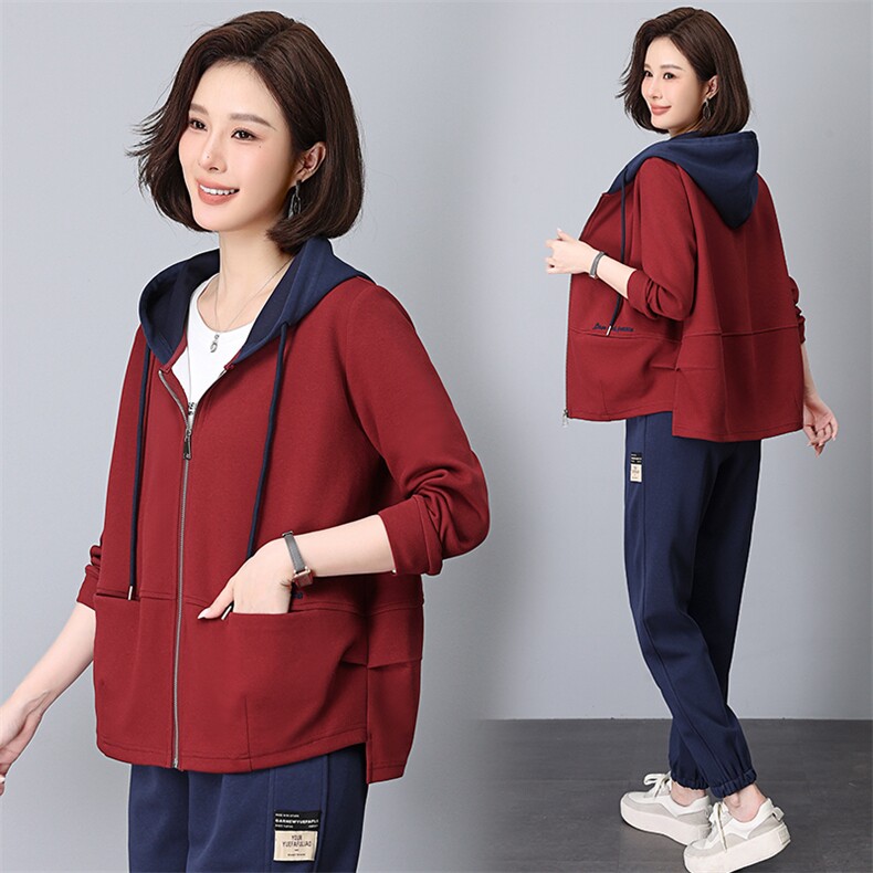 连帽刺绣卫衣外套女短款2024新款春秋季妈妈装宽松休闲，女装运动套装，依恋蒂丝