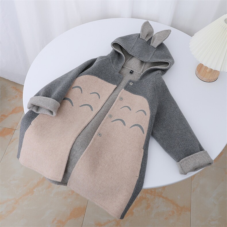 双面呢大衣24秋冬卡通龙猫中长款毛呢外套儿童呢子大衣，童装外套，羢衣兜
