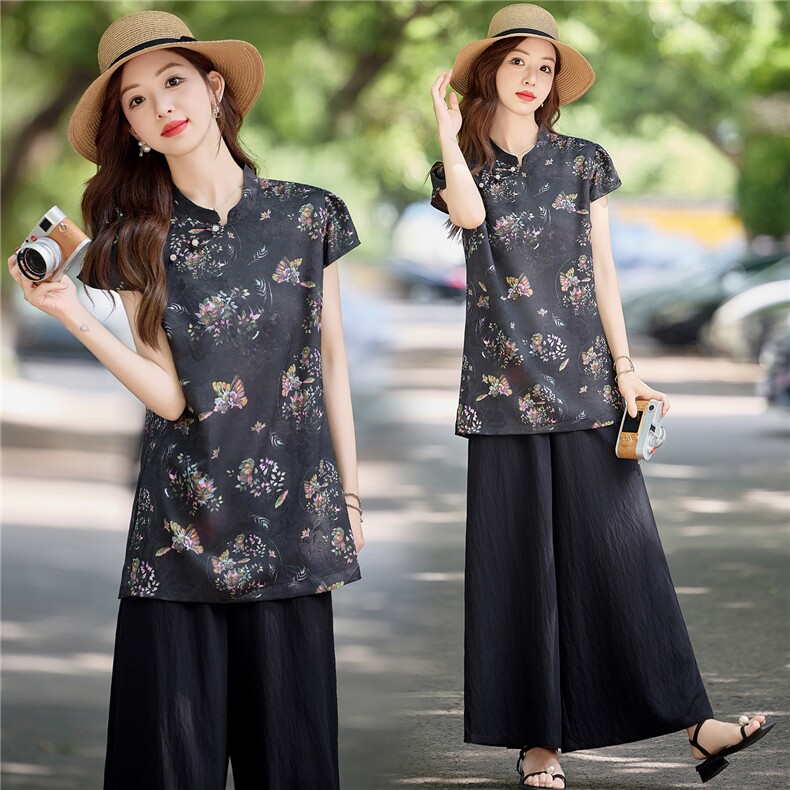 新中式国风套装女2025夏新款气质巨好看的高级感阔腿裤穿搭一整套，女装套装/套裙，润尚靓点