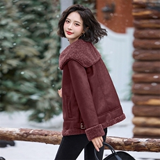 2024冬新款海军大翻领短仿羊羔毛皮毛一体加绒加厚外套韩系，女装羊羔毛/颗粒绒，江南女神