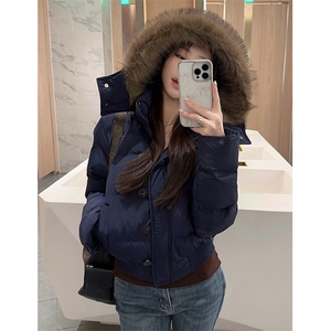 大毛领连帽棉衣外套女装秋季加厚保暖派克服短款显瘦面包 M206图片