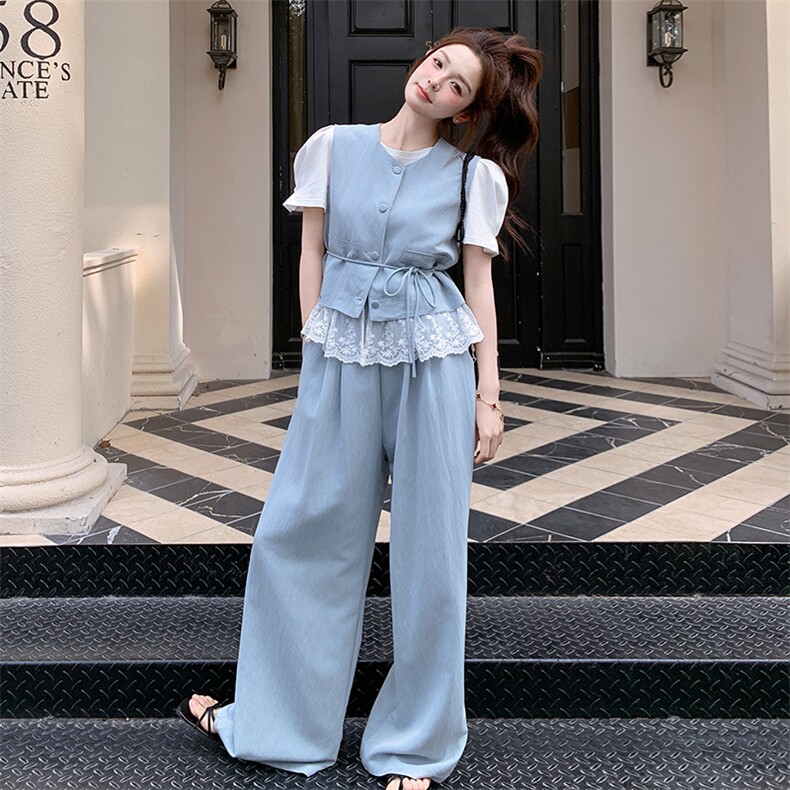 小香风蕾丝拼接马甲休闲裤套装女夏2025新款减龄韩系巨好看两件套,女装套装/套裙,2C260