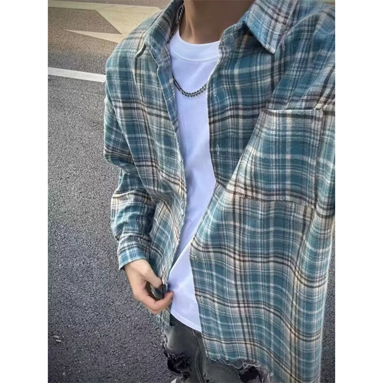 撞色格子衬衫男款夏天薄款cleanfit美式复古短袖外套高级感衬衣,男装衬衫,星座506A