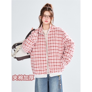 秋冬新款英伦学院风棉衣格纹撞色经典复古风上衣外套HY877P90图片