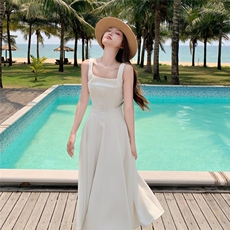 法式白色绝美显瘦连衣裙女2025夏季新款气质超好看海边度假风长裙，女装连衣裙，2C375