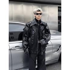 小众解构Pu皮夹克男士秋季宽松设计帅气摩托车夹克J011-P80，男装夹克，星座308B-2