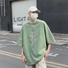 B239-1078-P38复古水洗做旧十字图案印花重磅落肩袖短袖T恤，男装T恤，星座514-2(原B239)