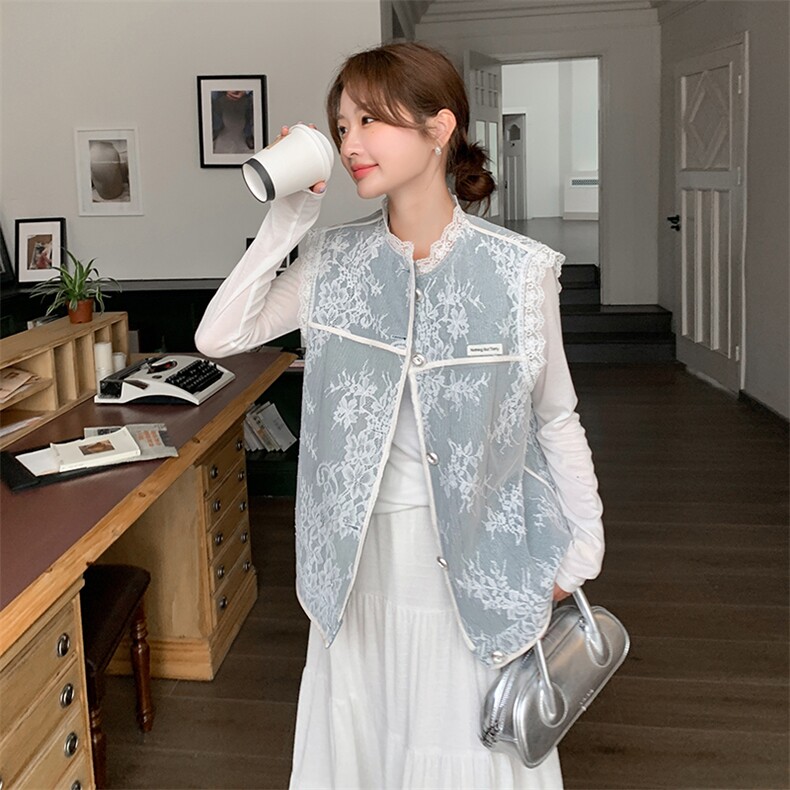 蕾丝拼接牛仔马甲外套女2025春季新款小个子圆领砍袖设计感上衣，女装马甲，浙宝069