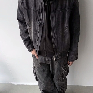 cleanfit短款正肩牛仔外套男款春秋季潮牌高级感小众无领机车夹克图片