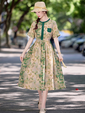 复古印花亚麻短袖连衣裙女2025夏季抽绳收腰显瘦显瘦休闲棉麻裙子，女装连衣裙，魅影