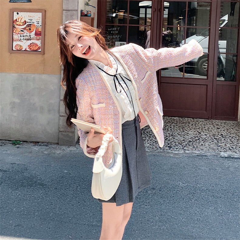 法式小香风外套女春秋2025甜美气质v领韩版名媛粉色精致高端上衣,女装毛呢外套,2C056