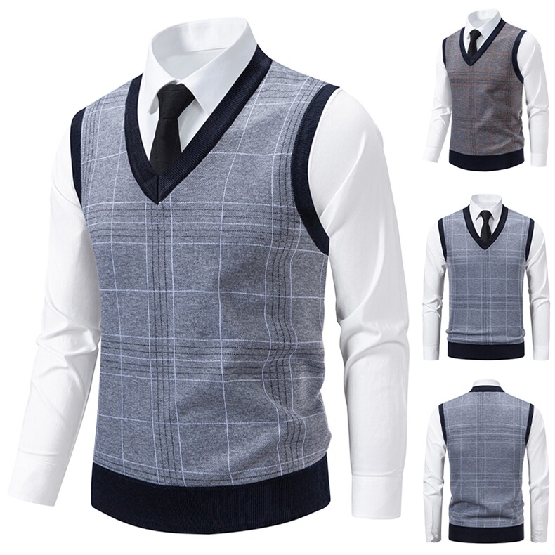 秋冬季加绒休闲爸爸装格子马甲套头宽松中老年款坎肩毛衣背心M27，男装针织衫/毛衣，星座1706