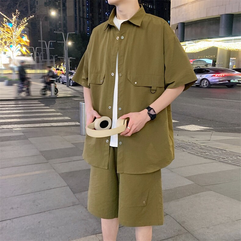 ins潮流男士两件套2024夏季休闲百搭宽松创意潮牌五分袖衬衫短裤,男装牛仔裤,电商A409-1