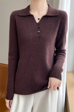 纯色简约POLO领长袖针织衫女秋冬时尚气质显瘦百搭打底衫翻领毛衣，女装羊毛衫，端硕羊绒