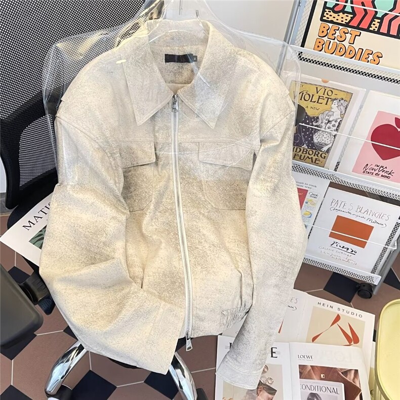设计感扎染立领机车PU皮夹克男春秋韩版潮流饰垫肩外套W9330/P80,男装夹克,星座506B