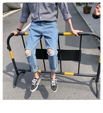 夏季新品破洞牛仔裤男直筒宽松老爹裤九分潮流港风裤子，男装牛仔裤，星座1008