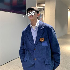 【2025秋冬】新款麂皮绒西服男小熊西装宽松韩版慵懒学院风外套，男装西服套装，星座112A
