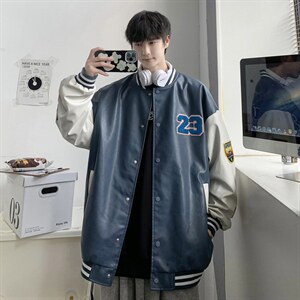 2035-P85港风春秋新款夹克男字母刺绣港风棒球服宽松休闲PU皮外套，男装夹克，星座1109-2